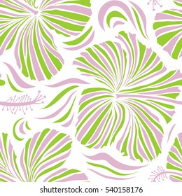 Bright hawaiian design with vector tropical plants and hibiscus flowers in green and neutral colors on a white background.