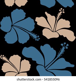 Bright hawaiian design with vector tropical plants and hibiscus flowers in blue and beige colors on a black background.