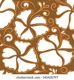 Bright hawaiian design with vector tropical plants and white, orange and brown hibiscus flowers. Vector illustration.
