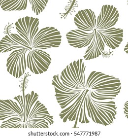 Bright hawaiian design with vector tropical plants and hibiscus flowers in brown colors on a white background.