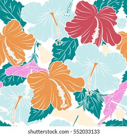 Bright hawaiian design with vector tropical plants and hibiscus flowers in orange and pink colors on a white background.