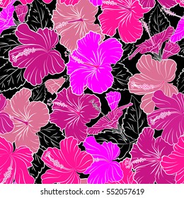 Bright hawaiian design with vector tropical plants and hibiscus flowers in black, magenta and pink colors on a black background.