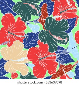 Bright hawaiian design with vector tropical plants and blue, red and orange hibiscus flowers. Vector illustration.