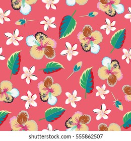 Bright hawaiian design with vector tropical plants and hibiscus flowers on pink background.
