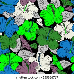 Bright hawaiian design with vector tropical plants and hibiscus flowers in gray, green and violet colors on a black background.