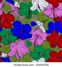 Bright hawaiian design with vector tropical plants and green, violet and red hibiscus flowers. Vector illustration.