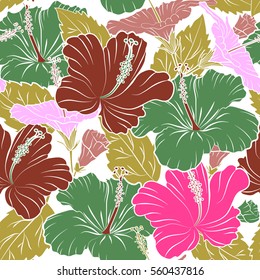 Bright hawaiian design with vector tropical plants and hibiscus flowers in pink and yellow colors on a white background.