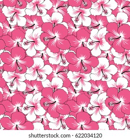 Bright hawaiian design with vector tropical plants and pink and white hibiscus flowers. Vector illustration.