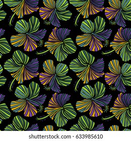 Bright hawaiian design with vector tropical plants and hibiscus flowers in blue, yellow and violet colors on a black background.