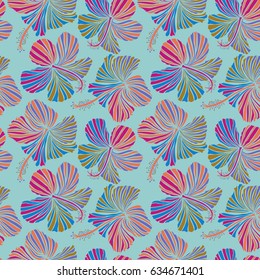 Bright hawaiian design with vector tropical plants and hibiscus flowers on blue background.