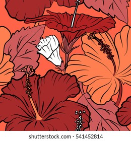 Bright hawaiian with multicolor tropical hibiscus flowers on orange background.
