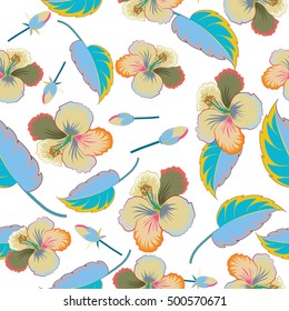 Bright hawaiian multicolored design with vector tropical plants, leaves, buds and hibiscus flowers on white background.