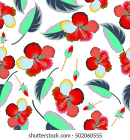 Bright hawaiian multicolored design with vector tropical plants, leaves, buds and hibiscus flowers on white background.
