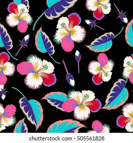 Bright hawaiian multicolored design with vector tropical plants, leaves, buds and hibiscus flowers on black background.