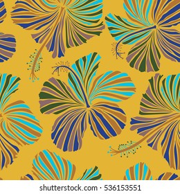 Bright hawaiian multicolored design with vector tropical plants, leaves, buds and hibiscus flowers on yellow background.