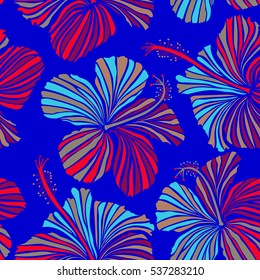 Bright hawaiian multicolored design with vector tropical plants, leaves, buds and hibiscus flowers on blue background.