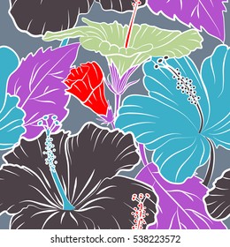 Bright hawaiian multicolored design with vector tropical plants, leaves, buds and hibiscus flowers on neutral background.