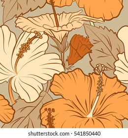 Bright hawaiian multicolored design with vector tropical plants, leaves, buds and hibiscus flowers on beige background.