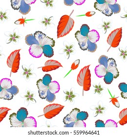 Bright hawaiian multicolored design with vector tropical plants, leaves, buds and hibiscus flowers on white background.