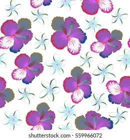 Bright hawaiian multicolored design with vector tropical plants, leaves, buds and hibiscus flowers on white background.