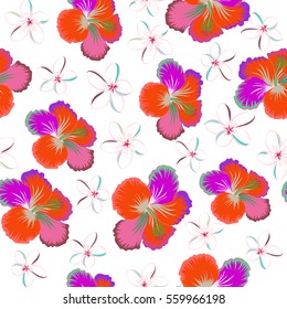 Bright hawaiian multicolored design with vector tropical plants, leaves, buds and hibiscus flowers on white background.