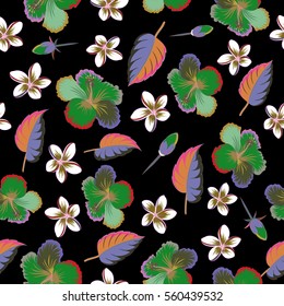 Bright hawaiian multicolored design with vector tropical plants, leaves, buds and hibiscus flowers on black background.