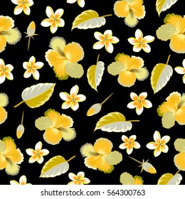 Bright hawaiian multicolored design with vector tropical plants, leaves, buds and hibiscus flowers on black background.