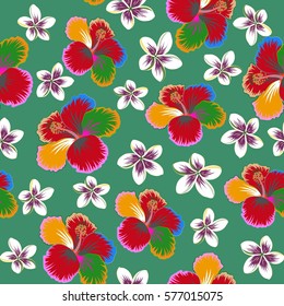 Bright hawaiian multicolored design with vector tropical plants, leaves, buds and hibiscus flowers on green background.
