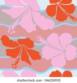 Bright hawaiian with orange and neutral tropical hibiscus flowers.