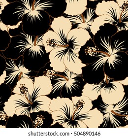 Bright hawaiian seamless pattern with beige and black tropical hibiscus flowers.