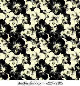 Bright hawaiian seamless pattern with beige, neutral and black tropical hibiscus flowers.