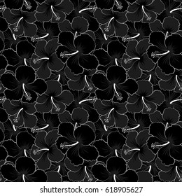 Bright hawaiian seamless pattern with black and gray tropical hibiscus flowers.