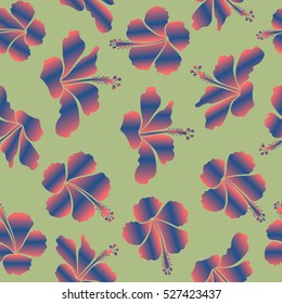 Bright hawaiian seamless pattern with blue, neutral and pink tropical hibiscus flowers.