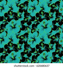 Bright hawaiian seamless pattern with blue, black and green tropical hibiscus flowers.