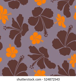 Bright hawaiian seamless pattern with brown, orange and neutral tropical hibiscus flowers.