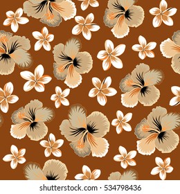 Bright hawaiian seamless pattern with brown, beige and orange tropical hibiscus flowers.