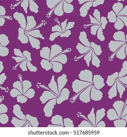Bright hawaiian seamless pattern with gray and purple tropical hibiscus flowers.