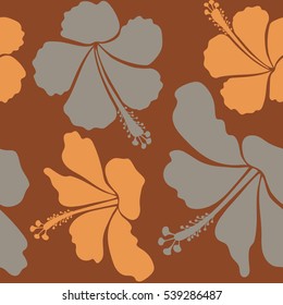 Bright hawaiian seamless pattern with gray, brown and orange tropical hibiscus flowers.