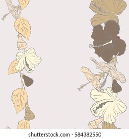 Bright hawaiian seamless pattern with gray and beige tropical hibiscus flowers and copy space (place for your text).