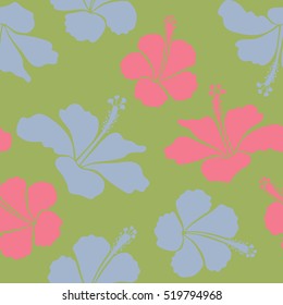 Bright hawaiian seamless pattern with green, blue and pink tropical hibiscus flowers.