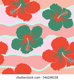 Bright hawaiian seamless pattern with green and red tropical hibiscus flowers.