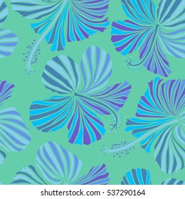 Bright hawaiian seamless pattern with multicolor tropical hibiscus flowers on green background.