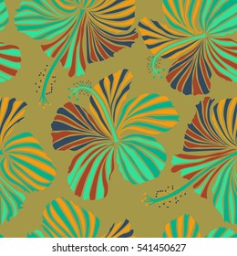 Bright hawaiian seamless pattern with multicolor tropical hibiscus flowers on green background.