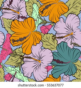 Bright hawaiian seamless pattern with multicolor tropical hibiscus flowers on blue background.