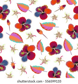 Bright hawaiian seamless pattern with multicolor tropical hibiscus flowers on white background.