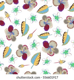 Bright hawaiian seamless pattern with multicolor tropical hibiscus flowers on white background.