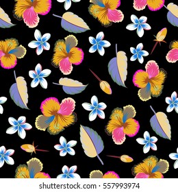 Bright hawaiian seamless pattern with multicolor tropical hibiscus flowers on black background.