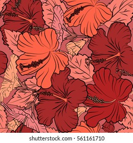 Bright hawaiian seamless pattern with multicolor tropical hibiscus flowers on pink background.