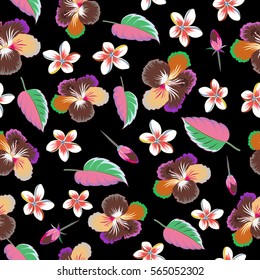 Bright hawaiian seamless pattern with multicolor tropical hibiscus flowers on black background.