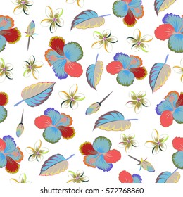 Bright hawaiian seamless pattern with multicolor tropical hibiscus flowers on white background.